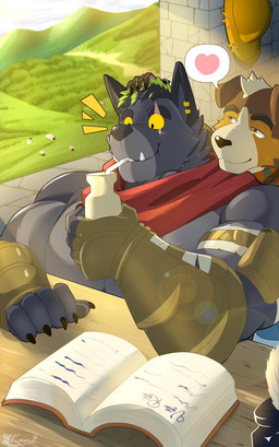 anthro arm_pouch armor at_table barazoku beverage biceps black_hair book bottle brown_body brown_eyes brown_fur button_ears checkered checkered_clothing checkered_neckwear checkered_scarf claws clothing container drinking_milk drinking_straw eye_scar facial_scar feral finger_claws floppy_ears forest fur furniture gold_ear_ring greaves green_highlights green_scarf grey_body grey_fur hair hand_on_head hat headgear headwear heart_symbol highlights_(coloring) hill holding_beverage holding_bottle holding_container holding_milk_bottle holding_object inkwell loose_feather male milk mountain multicolored_clothing multicolored_scarf multicolored_topwear muscular muscular_anthro muscular_male open_book orange_scarf pattern_clothing pattern_scarf pecs plant quill red_scarf rubbing_head scar scarf smile stone_wall straw_hat table tan_body tan_fur tan_hair topwear trail tree tusks two_tone_clothing two_tone_neckwear two_tone_scarf two_tone_topwear wall_(structure) white_body white_fur window wraps wrist_wraps yellow_sclera kane8848 anothereidos_of_dragon_vein_r dickert_(anothereidos_r) bovid canid canine canis caprine domestic_dog mammal sheep wolf 2025 signature