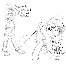 bedroom_eyes clothed clothing cutie_mark dialogue drunk duo embarrassed feathered_wings feathers female half-closed_eyes male narrowed_eyes presenting seductive simple_background substance_intoxication text white_background wings mewball friendship_is_magic hasbro my_little_pony mythology fluttershy_(mlp) equid equine human mammal mythological_creature mythological_equine pegasus 1:1 english_text monochrome