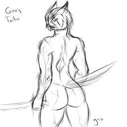 anthro beak butt feathers holding_melee_weapon holding_object holding_weapon looking_back male melee_weapon nude rear_view simple_background solo standing tail tail_feathers text weapon white_background anhotep avian bird owl 1:1 2015 english_text greyscale monochrome signature sketch