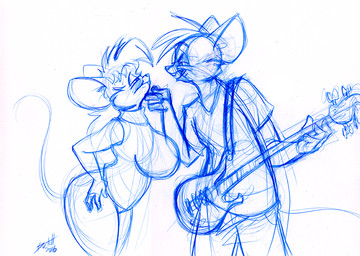 anthro bass_guitar big_breasts bottomwear breasts buckteeth clothed clothing duo female guitar male musical_instrument open_mouth pants plucked_string_instrument shirt string_instrument teeth thick_thighs topwear dutch_(artist) misty_the_mouse jules_(dutch) misty_(dutch) house_mouse mammal mouse murid murine rodent 2016 sketch