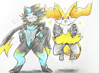 ambiguous_gender anthro black_body black_fur blush blush_lines claws duo excited eyes_closed fur inner_ear_fluff jumping motion_blur multicolored_body open_mouth orange_body orange_eyes orange_fur paws simple_background sparkles tail tongue tuft whiskers white_body white_fur yellow_body yellow_fur eiroru nintendo pokemon braixen canid canine felid feline generation_6_pokemon generation_9_pokemon mammal mega_zeraora pokemon_(species) 2025 graphite_(artwork) hi_res traditional_media_(artwork)