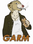 anthro beverage beverage_can biped blue_eyes chain choke_chain cigarette claws clothed clothing collar front_view fully_clothed holding_beverage holding_object jacket jewelry necklace simple_background smoke smoking solo teeth topwear white_background aunumwolf42_(artist) garm australian_shepherd bird_dog canid canine canis domestic_dog golden_retriever herding_dog hunting_dog mammal pastoral_dog retriever sheepdog 3:4 digital_media_(artwork) half-length_portrait portrait