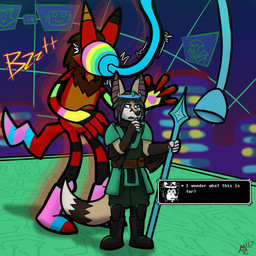 after_transformation anthro armor behind_another city city_background dark_world duo electricity folded_wings holographic_screen imminent_attack male melee_weapon mind_control polearm spear text text_box weapon wings wire metal_fox117 deltarune undertale_(series) ash_(metal_fox) kiba_(crescentwolf) bat canid canine fox hybrid mammal werewire 1:1 english_text hi_res andromorph_(lore)