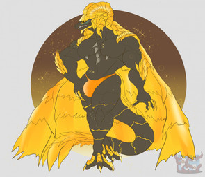 amused anthro black_body black_sclera bulge cape claws clothed clothing crossgender curved_horn dark_sclera fangs ftm_crossgender gold_speedo gold_stripes golden_claws hand_on_hip horn leg_markings long_tail looking_at_viewer male markings mouth_closed muscular muscular_anthro muscular_male orange_clothing orange_speedo orange_swimwear pose pupils simple_background slit_pupils solo sparkly speedo speedo_only spike_nipples spiked_arms spiked_chest spikes spikes_(anatomy) standing striped_legs striped_markings striped_tail stripes swimwear tail tail_markings teeth thick_thighs toe_claws topless yellow_eyes daikuhiroshiama capcom monster_hunter elder_dragon kulve_taroth 2025 hi_res