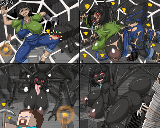 arthropod_webbing big_breasts black_eyes black_hair blue_clothing blue_overalls bodily_fluids bound breasts clothing crossgender cum cum_in_vagina cum_inside drooling female footwear fti_crossgender genital_fluids genitals gloves green_clothing green_shirt green_topwear group gynomorph hair handwear huge_breasts intersex intersex/male involuntary_penetration male nipples overalls penis pickaxe pickaxe_(minecraft) red_eyes saliva sandals sex sharp_teeth shirt shoes skin_ripping spider_web stuck teeth topwear torch torn_clothing torn_skin transformation trio web_bondage dr.bug microsoft minecraft mojang xbox_game_studios steve_(minecraft) sunny_(minecraft) animal_humanoid arachnid arachnid_humanoid arthropod arthropod_humanoid human humanoid mammal spider_(minecraft) spider_humanoid 5:4 comic hi_res