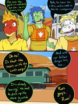 2_horns 2_panel_comic 5_fingers anthro biped blonde_hair blue_eyes blue_hair building caboose_railcar clothed clothing cloud day dialogue door ellipsis exclamation_point facial_horn fingers front_view fully_clothed green_body green_skin group hair horn looking_at_another looking_back looking_back_at_another male membrane_(anatomy) membranous_wings mesa_(landscape) motion_lines multicolored_body multicolored_skin nose_horn orange_hair outside public_transportation rail_transit railcar railway_track red_body red_skin robe shirt sky speech_bubble tan_body tan_skin teeth text tongue topwear train trio tunic two_tone_body two_tone_skin vehicle vest white_body white_horn white_skin window wings yellow_clothing yellow_eyes yellow_robe yellow_shirt yellow_topwear yellow_tunic yellow_vest fuze european_mythology mythology barius_(fuze) mangle_(fuze) snort_(fuze) dragon mythological_creature mythological_scalie scalie western_dragon 2024 3:4 comic digital_drawing_(artwork) digital_media_(artwork) english_text hi_res multiple_scenes