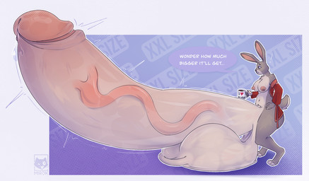 anthro balls beverage big_balls big_breasts big_penis bodily_fluids breast_squish breasts clothing coffee coffee_mug container cup floppy_ears genital_fluids genitals gynomorph huge_balls huge_penis hyper hyper_balls hyper_genitalia hyper_penis intersex nipples nude penis precum presenting pupils robe saggy_balls scrotum_flap slightly_chubby solo squish tail text thick_thighs vein veiny_penis mirok disney zootopia judy_hopps european_rabbit lagomorph leporid mammal oryctolagus rabbit english_text hi_res