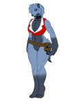 anthro big_breasts blue_eyes bottomless breasts cleavage clothed clothing collar female fur genitals grey_body grey_fur grey_hair hair muscular muscular_anthro muscular_female pussy simple_background solo tail white_background lunis1992 safira canid canine canis domestic_dog mammal