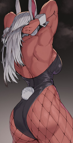 back_muscles breasts butt clothing deltoids female fishnet_clothing grey_hair hair leotard muscular muscular_female playboy_bunny rear_view shirt_cuffs side_boob solo tan_body tan_skin badaseangsu my_hero_academia rumi_usagiyama animal_humanoid humanoid lagomorph lagomorph_humanoid leporid_humanoid mammal mammal_humanoid rabbit_humanoid 2024 hi_res