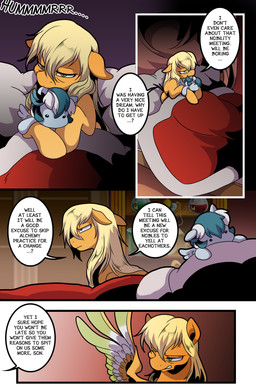bed bed_covers bedding bedroom blonde_hair bright_light character_plushie dialogue disheveled duo feathered_wings feathers feral folded_wings frown furniture hair inside male messy_hair multicolored_wings narrowed_eyes offscreen_character plushie spread_wings text unimpressed winged_arms wings dormin-dim hasbro my_little_pony mythology heart_gold_(dormin-kanna) soul_silver_(dormin-kanna) equid equine mammal mythological_creature mythological_equine pegasus absurd_res comic english_text hi_res