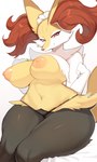 anthro areola big_breasts blush blush_lines breasts clothed clothing female looking_at_viewer nipples panties partially_clothed red_eyes smile smiling_at_viewer solo thick_thighs underwear wide_hips faeki nintendo pokemon braixen generation_6_pokemon pokemon_(species) hi_res