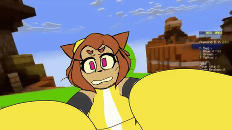 anthro biped brown_body brown_skin clothed clothed_anthro clothed_female clothing eyewear eyewear_on_head falling female female_anthro first_person_view fur goggles goggles_on_head grabbing_viewer hair holding_viewer looking_at_viewer orange_body orange_fur orange_hair red_eyes screencap screencap_background snout solo throwing_character mlemgoober gameoverse glitch_productions microsoft minecraft mojang xbox_game_studios kit_bodega felid feline mammal 16:9 2026 animated crossover digital_drawing_(artwork) digital_media_(artwork) draw_over english_description frame_by_frame rotoscoping widescreen