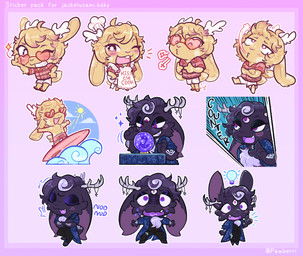 3_eyes antlers apron black_body black_fur black_hair blonde_hair blush blush_lines bottomwear cheek_tuft chef_hat chest_tuft chibi clothed clothing crystal_ball duo eyes_closed eyewear facial_tuft flip_flops floppy_ears footwear fur glasses grin hair half-closed_eyes hat headgear headwear heart_glasses horn jacket light_bulb male multi_eye narrowed_eyes one_eye_closed open_clothing open_jacket open_mouth open_smile open_topwear sandals shoes shorts smile smirk smug smug_face smug_grin sticker_pack sunglasses surfboard topwear tuft wide_eyed wink yellow_body yellow_fur pawberry cupid_(jackel_usami) juno_(jackel_usami) jackalope lagomorph mammal hi_res