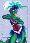 anthro dyed_fur feather_hair feathers female green_body pseudo_hair purple_eyes red_body samba_outfit solo q-nik nennau avian bird quetzal resplendent_quetzal trogonid absurd_res hi_res