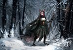 anthro clothing druid female forest forest_background green_clothing hair magic_user nature nature_background pink_hair plant solo stick tree tribal_spellcaster winter drawing_sofa