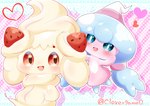 blue_eyes blue_hair duo female food food_hair fruit hair heart_symbol not_furry pink_body plant pseudo_hair red_eyes smile strawberry white_body clovergame0 nintendo pokemon alcremie food_creature generation_8_pokemon hattrem pokemon_(species) absurd_res hi_res