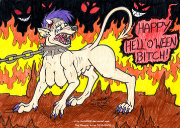 blood bodily_fluids bound breasts chain chained claws collar dialogue ear_piercing ear_ring female feral fire forced forced_transformation glowing glowing_eyes group hanging_breasts hell hellfire holidays horn human_to_feral humiliation mid_transformation multi_breast nipples nude offscreen_character piercing pointy_ears prisoner raised_tail ring_piercing scared sharp_teeth smile solo_focus species_transformation spiked_collar spikes tail tears_of_pain teeth transformation artistnjc halloween mythology unnamed_character canid canid_demon canine demon hellhound human mammal mythological_canine mythological_creature absurd_res hi_res huge_filesize traditional_media_(artwork)