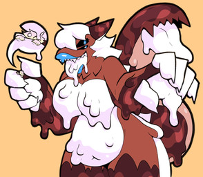 5_fingers ambiguous_gender anthro blue_eyes blue_lips breasts brown_body candy dessert duo female fingers food holding_character holding_person lips macro micro micro_in_hand multicolored_body open_mouth orange_background pawpads pinched pseudo_hair simple_background slightly_chubby striped_body stripes tail tail_mouth tongue two_tone_body unusual_anatomy unusual_tail white_body white_pawpads white_pseudo_hair white_tongue bigsteppies food_creature living_candy