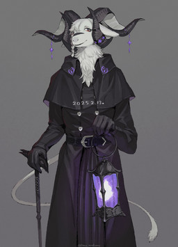 2_horns anthro black_cloak black_clothing black_gloves black_handwear cloak clothed clothing coat fur gloves grey_background handwear holding_lantern holding_object horn lamp lantern looking_at_viewer male simple_background solo topwear tuft walking_stick ama_imakuma lifewonders live_a_hero vlaham bovid caprine goat mammal 2025 hi_res