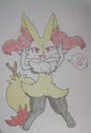 adumbassontwter biped braixen chest_tuft female fluffy fluffy_tail front_view full-length_portrait generation_6_pokemon hi_res inner_ear_fluff musical_note musical_symbol nintendo open_mouth pokemon pokemon_(species) portrait raised_hand simple_background solo standing symbol tail traditional_media_(artwork) tuft white_background yellow_body