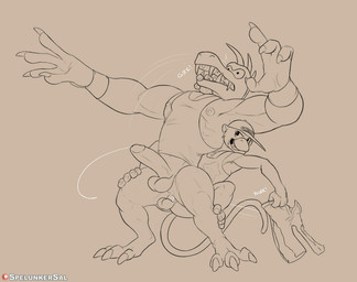 abs anal anal_penetration anthro anus ball_size_difference balls biceps bodily_fluids butt claws clothed clothing cum cum_inside duo erection fangs feet from_behind_position fur genital_fluids genitals hat headgear headwear holding_mouth humanoid_genitalia humanoid_penis larger_male larger_penetrated larger_sub leaking_cum male male/male male_penetrated male_penetrating male_penetrating_male muscle_shirt muscular muscular_anthro muscular_male nipples nude open_mouth pecs penetration penis penis_size_difference precum precum_string prehensile_feet questionable_consent sex sharp_teeth simple_background size_difference smaller_male smile submissive teeth tight_clothing tight_topwear toes topwear undressing spelunker_sal donkey_kong_(series) nintendo diddy_kong krusha ape crocodilian haplorhine kremling mammal monkey primate reptile scalie