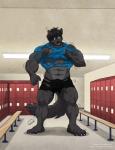 4_toes abs anthro bench big_biceps big_muscles big_pecs black_body black_bottomwear black_clothing black_fur black_shorts blue_clothing blue_shirt blue_t-shirt blue_topwear body_size_growth bottomwear bulge claws clothing feet fur growth growth_sequence hyper inside locker locker_room male muscle_growth muscular muscular_anthro muscular_male muscular_thighs paws pecs plantigrade shirt shorts size_transformation solo surprise t-shirt tail toe_claws toes topwear torn_clothing transformation wfa dravu canid canine canis mammal wolf