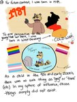 anthro black_ears black_hands black_nose bottomwear brown_background brown_body brown_fur clothing controller dialogue ear_piercing eyebrows eyes_always_closed eyes_closed frown fur game_controller germany lesbian_pride_colors lgbt_pride male pants piercing pink_piercing pride_colors shirt simple_background smile solo tail tail_motion tailwag talking_to_viewer text thick_eyebrows topwear transgender_pride_colors whisker_spots p_rindustries p_rindustries_(p_rindustries) canid canine mammal raccoon_dog tanuki comic hi_res