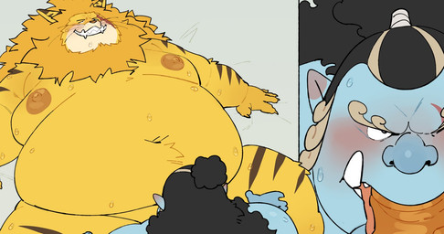 anthro belly big_belly black_hair blue_body blue_skin blush bodily_fluids butt darkened_genitalia darkened_nipples darkened_penis duo erection fellatio fur genitals grin hair huge_belly humanoid_genitalia humanoid_hands looking_pleasured lying_and_blow_position male male/male male_penetrated male_penetrating male_penetrating_male mane mane_hair moobs nipples nude obese obese_anthro obese_male one_eye_closed oral oral_penetration orange_body orange_fur orange_mane orange_nipples orange_penis overweight overweight_anthro overweight_male penetration penile penile_penetration penis sex simple_background smile snout teeth thick_thighs tuft tusks whiskers yellow_body yellow_fur yellow_skin quanjiang one_piece jinbe nekomamushi felid feline felis fish-men_(one_piece) humanoid lion mammal marine pantherine 2026 colored digital_drawing_(artwork) digital_media_(artwork) flat_colors full_version_at_paywall preview shaded widescreen
