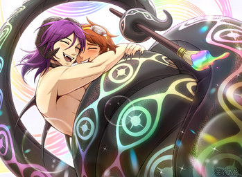 apode blush claws duo fingers hair horn legless male scales serpentine simple_background smile split_form tail teeth tongue seyumei keith_(seyumei) sky_(seyumei) draconcopode human lamia mammal reptile scalie snake 2026 digital_drawing_(artwork) digital_media_(artwork)