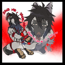 4_toes ambiguous_gender anthro bdsm black_hair bodily_fluids bondage bound claws ear_piercing ear_ring eyebrow_piercing facial_piercing fangs feet fully_bound fur gradient_hair grey_body grey_fur grey_tail hair hands_behind_back hands_tied hands_tied_behind_back heart_catchlight heart_symbol high-angle_view kneeling looking_at_viewer looking_pleasured medium_hair messy_hair nude_ambiguous nude_anthro open_mouth pawpads piercing red_background restraints ring_piercing rope rope_bondage simple_background solo sweat sweatdrop tail tan_pawpads teeth text three-quarter_view toe_claws toes tongue tongue_out white_background gurocuck canid canine canis mammal wolf 1:1 english_text hi_res
