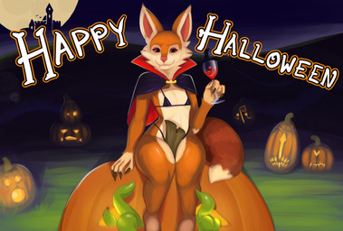 alcohol anthro beverage bikini blood bodily_fluids castle cemetery cloak clothing container cup drinking_glass eyeliner fangs female food fruit fur glass glass_container glass_cup holidays jack-o'-lantern looking_at_viewer makeup micro_bikini moon night outside plant pumpkin red_eyes sitting solo swimwear tail teeth tentacles text thick_thighs tombstone two-piece_swimsuit vampire_costume wine wine_glass hoodwinkhuffer dota halloween valve valve_corporation hoodwink_(dota) canid canine fox mammal vampire absurd_res digital_media_(artwork) hi_res