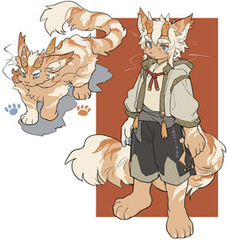 anthro black_bottomwear black_clothing blue_eyes blue_pawpads bottomwear clothed clothing fur grey_clothing grey_topwear horn male orange_body orange_fur pawpads solo topwear white_body white_fur mythology yunmeng_(milkybot) dragon felid hybrid mammal mythological_creature mythological_scalie pantherine scalie tiger hi_res