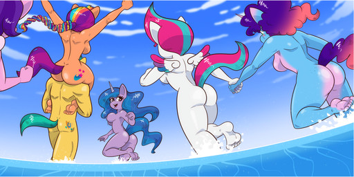 anthro back_boob beach biped blue_body blue_hair breasts butt casual_nudity cutie_mark erect_nipples feathered_wings feathers feet female glistening glistening_body glistening_butt group hair hand_holding horn humanoid_feet male motion_lines multicolored_hair nipples nude nude_anthro nude_beach nude_female nude_male nudist orange_body outdoor_nudity outside partially_submerged plantigrade purple_body purple_hair red_hair running sitting_on_shoulders skinny_dipping social_nudity three-quarter_view water white_body wings yellow_body saturdaymorningproj hasbro mlp_g5 my_little_pony mythology hitch_trailblazer_(mlp) izzy_moonbow_(mlp) misty_brightdawn_(mlp) pipp_petals_(mlp) sunny_starscout_(mlp) zipp_storm_(mlp) equid equine mammal mythological_creature mythological_equine pegasus unicorn absurd_res hi_res sibling_(lore) sister_(lore) sisters_(lore)