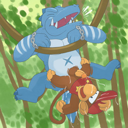 3_toes 4_fingers 5_toes anal anal_penetration anthro anthro_on_anthro anthro_penetrated anthro_penetrating anthro_penetrating_anthro balls baseball_cap blue_body bodily_fluids bottomless brown_body brown_fur butt chain claws clothed clothing cum cum_in_ass cum_inside cum_on_butt cum_on_face cum_on_hat cum_on_own_face cum_on_self cum_on_tail cum_while_penetrated cumshot duo ejaculation erection eyes_closed feet fingers fur genital_fluids genitals hanging_from_vine hat headgear headwear holding_clothing holding_hat holding_headgear holding_headwear holding_object humanoid_genitalia humanoid_penis male male/male male_penetrated male_penetrating male_penetrating_male motion_lines open_mouth orgasm outside penetration penis plant prehensile_feet sex shirt spread_legs spreading tail tank_top toes topwear tree upside_down vines young young_anthro young_male argon_vile donkey_kong_(series) nintendo diddy_kong kludge haplorhine kong kremling mammal monkey primate scalie 1:1 2018 hi_res signature