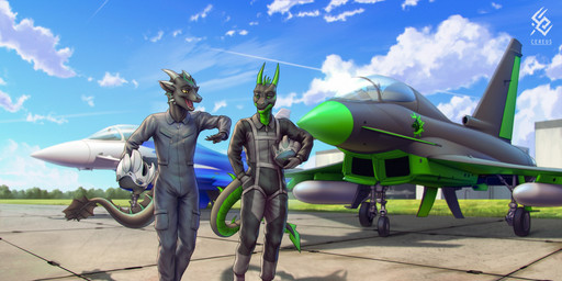 aircraft airplane anthro armor black_clothing black_suit blue_sky cheek_spikes clothed clothing cloud duo facial_spikes front_view green_eyes green_horn green_tail grey_body grey_clothing grey_sclera grey_suit grey_tail headgear helmet holding_armor holding_headgear holding_helmet holding_object horn jet logo male male_anthro no_sclera open_mouth open_smile outside sky smile spikes spikes_(anatomy) standing suit tail text vehicle white_horn yellow_eyes cereus93 mythology dragon mythological_creature mythological_scalie scalie artist_logo artist_name hi_res
