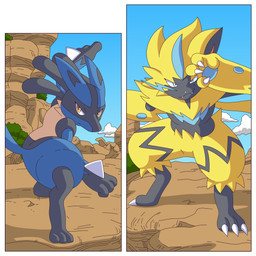 ambiguous_gender angry anthro blue_body blue_eyes blue_fur fur smile yellow_body yellow_fur ragster_(artist) dragon_ball dragon_ball_z nintendo pokemon canid canine felid generation_4_pokemon generation_7_pokemon legendary_pokemon lucario mammal pokemon_(species) zeraora 1:1 comic digital_media_(artwork) hi_res