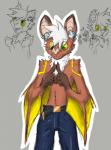 anthro blush bottomwear brown_body brown_fur clothed clothing denim denim_bottomwear denim_clothing fur hearing_aids jeans male pants partially_clothed smile solo topless white_body white_fur winged_arms wings retro_j friendly_psychobatic bat mammal megabat 2017 absurd_res hi_res