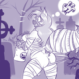 anthro anus biped black_eyes breasts bucket butt candy cemetery claws clothing container cross dessert detailed_background female food fur genitals grave hair holding_object holidays leaf long_hair plant raised_tail scared side_boob solo tail teeth thought_bubble tree vulva walking wardrobe_malfunction lonbluewolf halloween mammal mummy procyonid raccoon undead 1:1 digital_media_(artwork) monochrome sketch