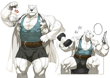 abs anthro areola barazoku biceps black_areola black_bottomwear black_clothing black_nipples black_shorts blue_clothing blue_shirt blue_tank_top blue_topwear bottomwear clipboard clothing counting dumbbell exercise flexing flexing_bicep fur hair holding_clipboard holding_dumbbell holding_object male medical_instrument multitasking muscular muscular_anthro muscular_male muscular_thighs nipples obliques one_eye_closed pecs scientific_instrument shirt shorts sitting_on_stool smile solo standing stethoscope tank_top tearing_clothing topwear torn_clothing wardrobe_malfunction weightlifting weights white_body white_fur white_hair white_lab_coat wink workout yellow_eyes traver009 bear mammal polar_bear ursine 2025 absurd_res hi_res