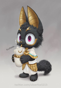 ankh anthro barefoot black_body black_fur canopic_jar claws clothed clothing collar drinking drinking_straw feet fully_clothed fur grey_background looking_at_viewer male onomatopoeia pink_eyes simple_background solo sound_effects text yellow_body silverfox5213 egyptian_mythology middle_eastern_mythology mythology anubis anubian_jackal canid canine canis deity jackal mammal 2025 hi_res url