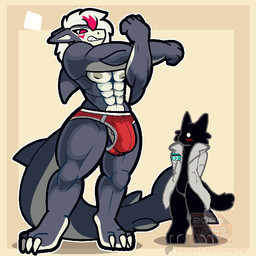anthro big_penis biped bulge clothed clothing detailed_bulge duo genital_outline genitals hair male male_focus muscular muscular_male nipples penis penis_outline red_eyes simple_background size_difference tail teeth text throbbing throbbing_penis underwear nagifur reef_(nagifur) aquatic fish mammal shark 1:1 animated digital_media_(artwork) english_text loop