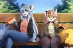 anthro bench blue_body blue_eyes blue_fur blue_hair blush bottomwear bread canid canine clothing collar countershading crossed_legs day denim denim_bottomwear denim_clothing digital_media_(artwork) duo english_text felid femboy food fox fur grey_eyes hair hot_dog inner_ear_fluff jacket jeans ketchup long_hair looking_aside male mammal mustard open_mouth open_smile outside pantherine pants pink_clothing pink_shirt pink_topwear resine shaded shirt sitting skinny slim smile snow_leopard talilly text text_on_clothing text_on_shirt text_on_topwear thick_thighs topwear tuft wide_hips