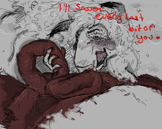 anthro areola aroused blood blush bodily_fluids cannibalism countershading dialogue eating_flesh excited female gore guts intestines organs sweat text tongue sammymcstabby sam_(sammymcstabby) canid canine capybara caviid fox hybrid mammal rodent 5:4 english_text hi_res