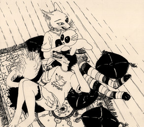 ambiguous_gender anthro barefoot biped clothed clothed_anthro clothing feet floorboards group high-angle_view lying on_back pillow quadruped realistic rug tail trio monoxromatik brashi_(monoxromatik) lilian_(monoxromatik) tbh_(character) canid canine domestic_cat felid feline felis fox mammal tbh_creature 2023 english_description hi_res marker_(artwork) traditional_media_(artwork) male_(lore) nonbinary_(lore)