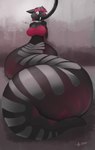 anthro apode big_breasts big_tail black_body black_fur black_hair black_hose bottomless breasts clothed clothing cuff_(restraint) dungeon fangs female fur grey_eyes hair highlights_(coloring) hose hose_in_mouth hose_inflation inflation inflation_fetish legless pink_clothing pink_highlights pink_nose pink_topwear restraints sabertooth_(anatomy) serpentine shackles solo split_form tail teeth topwear tube_top accidentalaesthetics draconcopode felid lamia mammal reptile scalie snake 2020 hi_res shaded