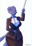 5_fingers anthro blue_eyes bottomwear bow_(feature) bow_tie breasts clothed clothing female fingers horn notebook smile solo stick tail topwear woofarin mythology dragon mythological_creature mythological_scalie scalie 2019 hi_res