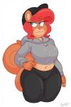 :3 anthro breasts clothed clothing female fully_clothed hair half-closed_eyes hat headgear headwear midriff narrowed_eyes navel red_hair simple_background smile solo white_background wide_hips acstlu lizette mammal rodent sciurid tree_squirrel 2018 digital_media_(artwork) hi_res