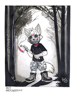 anthro axe blood_on_axe cheek_tuft clothed clothing collar facial_tuft footwear front_view glistening glistening_eyes grass head_tuft hockey_mask holding_axe holding_object logo male male_anthro mask outside plant red_collar shirt shoes solo sports_mask sportswear t-shirt tail topwear tree tuft wearing_mask young young_anthro young_male pandapaco 2017 artist_logo dated full-length_portrait partially_colored portrait signature