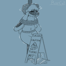 2_horns ambiguous_gender anthro biped bodily_fluids bound closed_frown convenient_censorship crossed_legs eyebrow_through_hair eyebrows eyes_closed flying_sweatdrops frown fur genital_fluids hair horn implied_peeing long_ears motion_lines mouth_closed navel nude_anthro omorashi pole rope simple_background solo sweat sweatdrop text translucent translucent_hair urine urine_pool wet_floor_sign ritzcat bovid caprine goat mammal 1:1 2023 artist_name english_description english_text hi_res monochrome