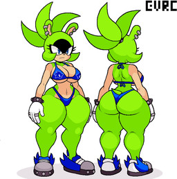 anthro big_breasts big_butt bikini blue_bikini blue_clothing blue_eyes blue_footwear blue_shoes blue_swimwear bra bracelet breasts butt clothing ear_piercing ear_ring eyelashes female footwear fur green_body green_fur hair jewelry looking_away navel piercing ponytail ring_(jewelry) ring_piercing shoes solo swimwear tail thong two-piece_swimsuit underwear evrc idw_publishing sega sonic_the_hedgehog_(comics) sonic_the_hedgehog_(idw) sonic_the_hedgehog_(series) surge_the_tenrec afrosoricid mammal tenrec hi_res